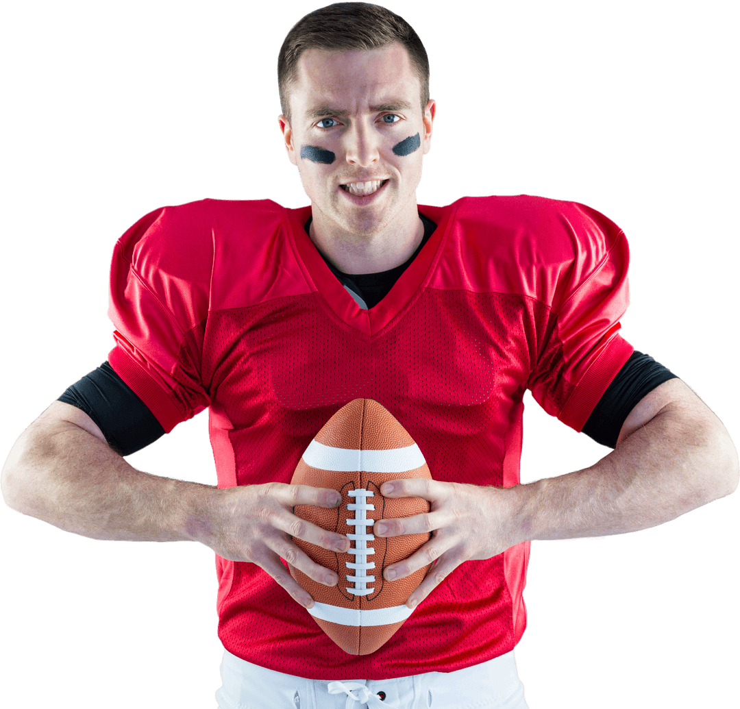 Transparent American Football Player Holding Ball in Red Jersey