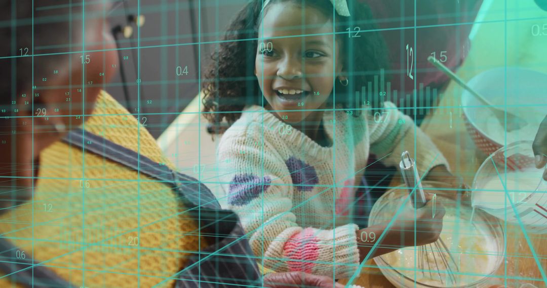 Multigenerational Baking Moment Showing Child Stirring Batter and Smiling with Grid Overlay