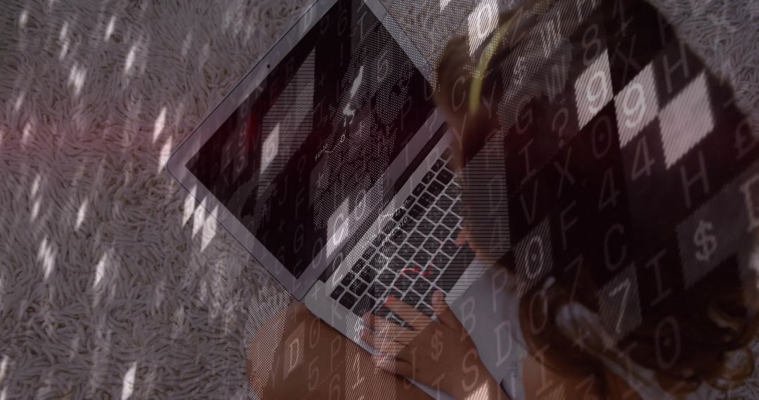 Child Typing on Laptop with Code Overlay and Light Rug Background