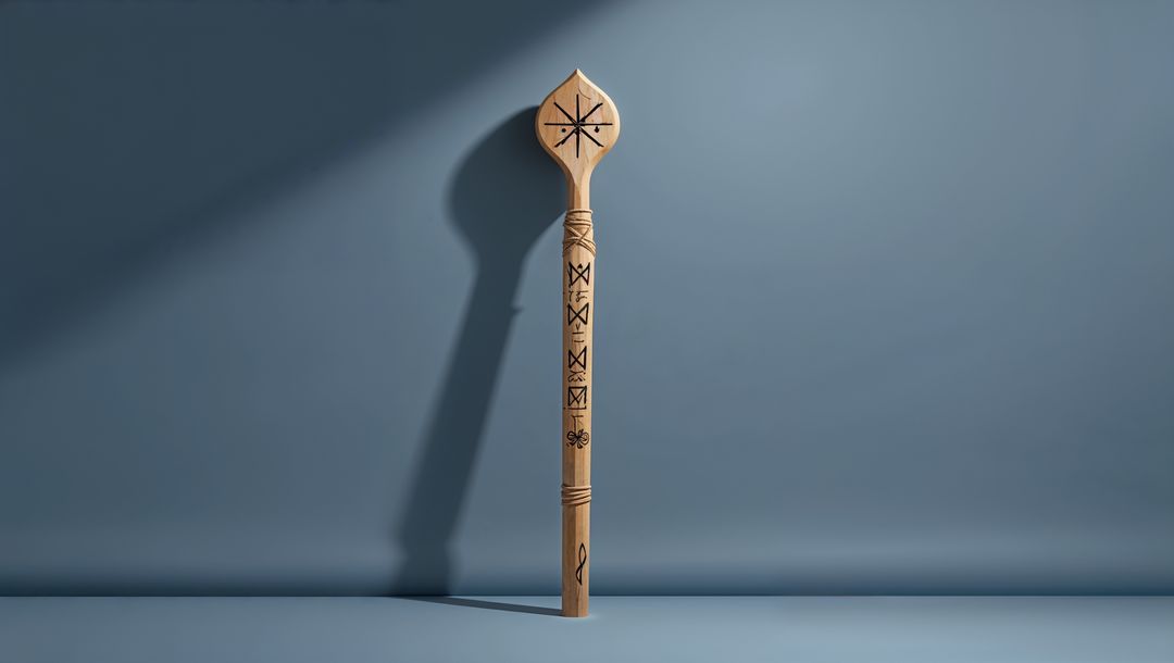 Carved Mystical Staff with Rune Symbols in Studio Lighting
