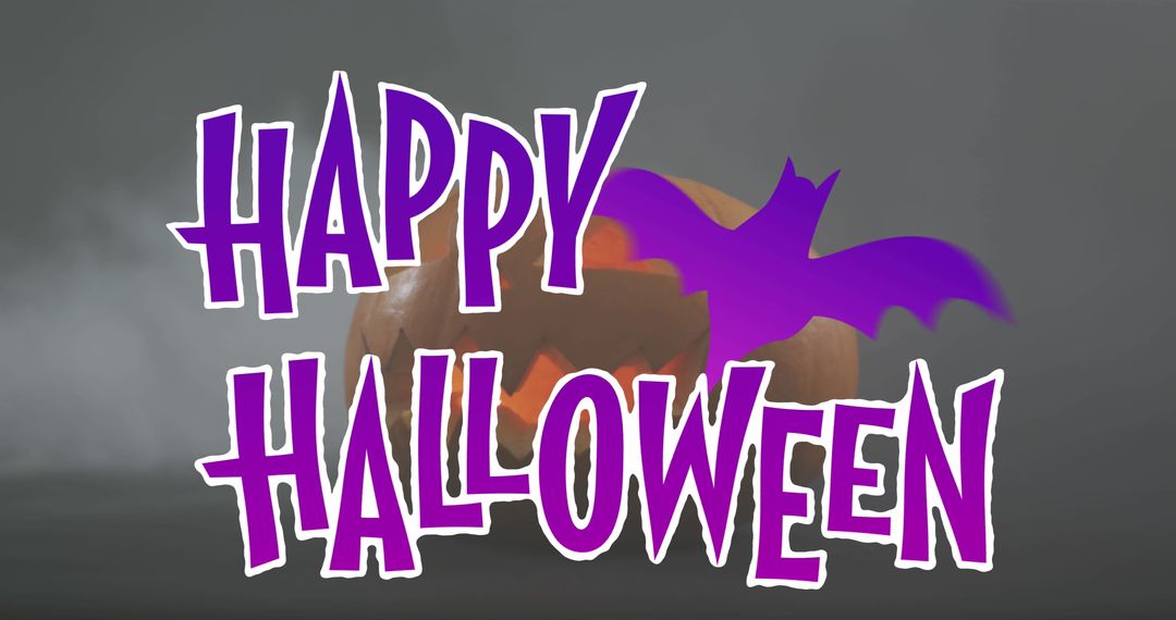 Happy Halloween Text with Carved Pumpkin and Bat Illustration