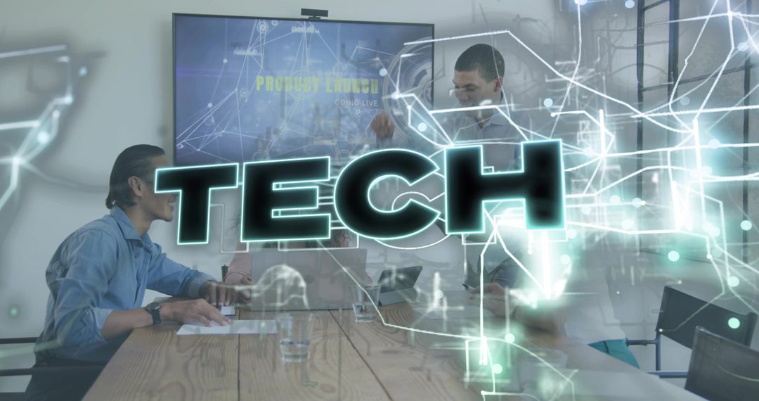 Holographic TECH Overlay in Boardroom During Product Launch Meeting and Team Collaboration