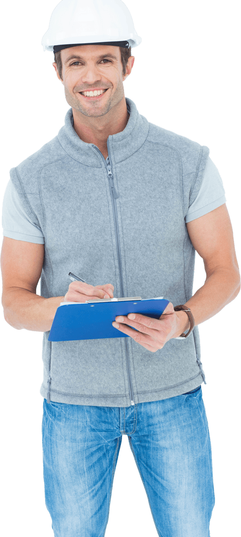 Happy Male Architect with Transparent Background Checking Blueprint