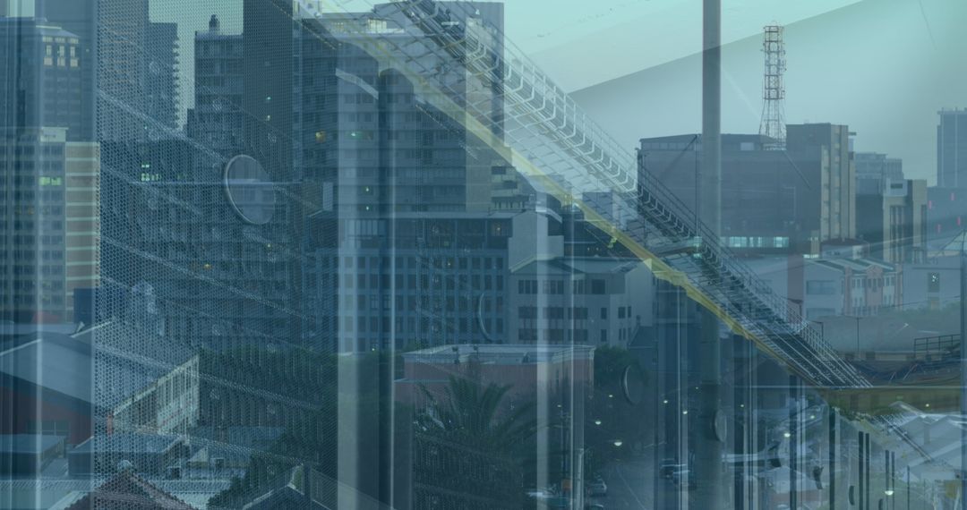 Futuristic Cityscape Reflection with Data Processing Elements