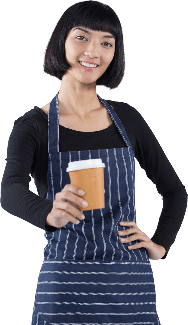 Transparent Background of Smiling Waitress Holding Coffee