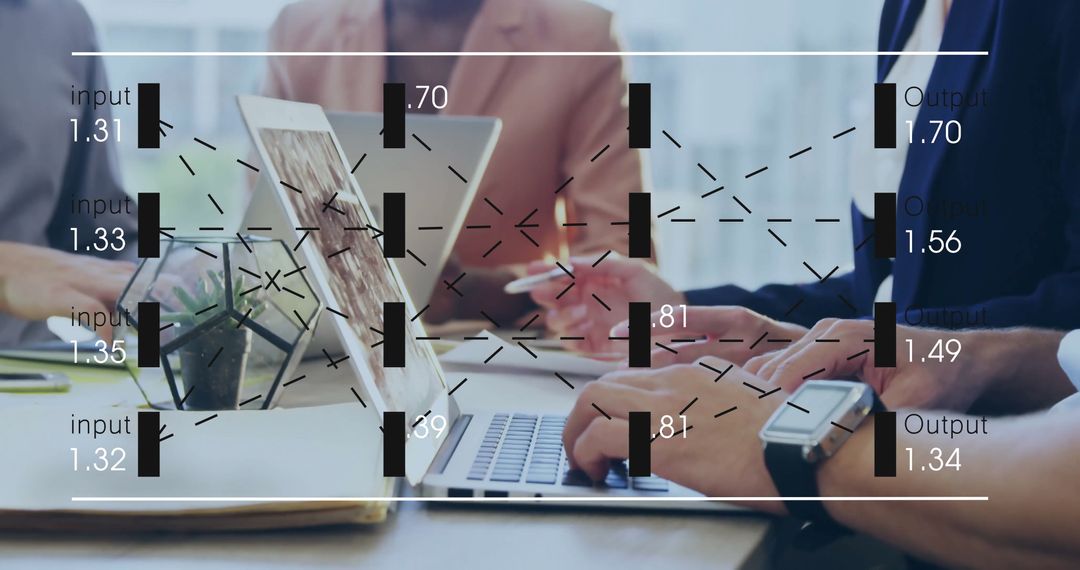 Team Collaborating on Business Strategy with Graphs and Laptops