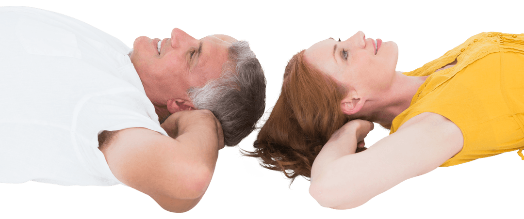 Transparent Happily Relaxing Mature Couple Lying Back to Back
