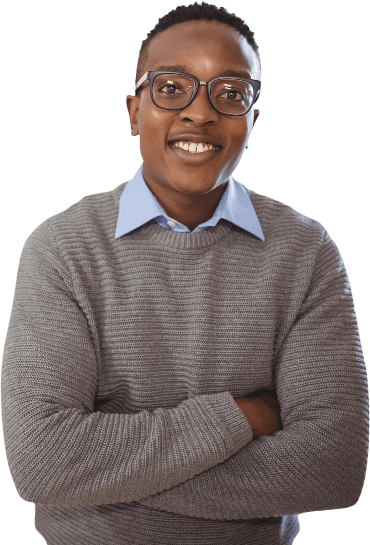 Confident Individual with Glasses in Casual Sweater on Transparent Background