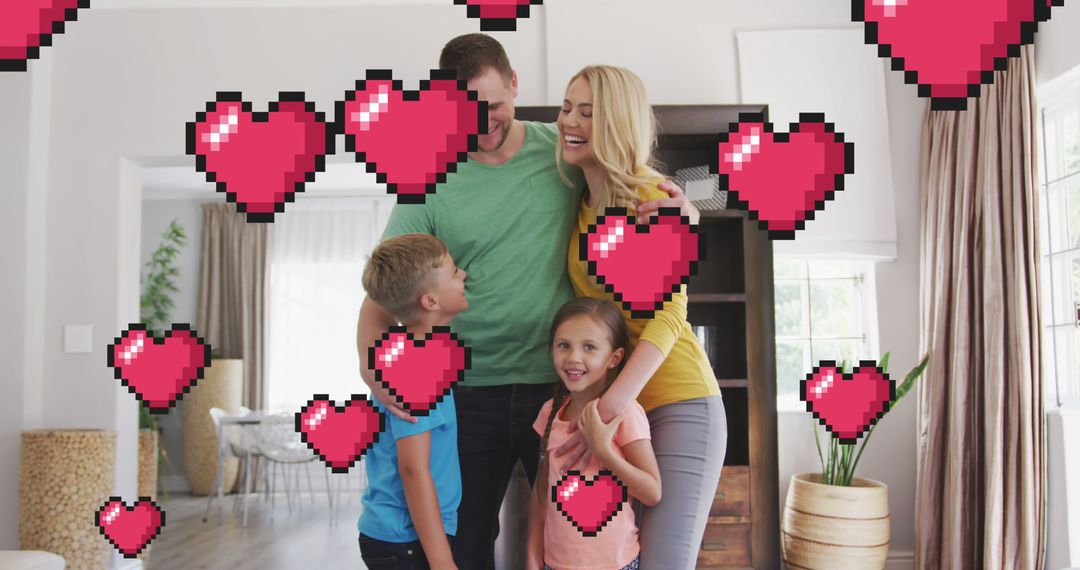 Happy Family Enjoying Time Together with Virtual Pixel Hearts Overlay - Free Images, Stock Photos and Pictures on Pikwizard.com