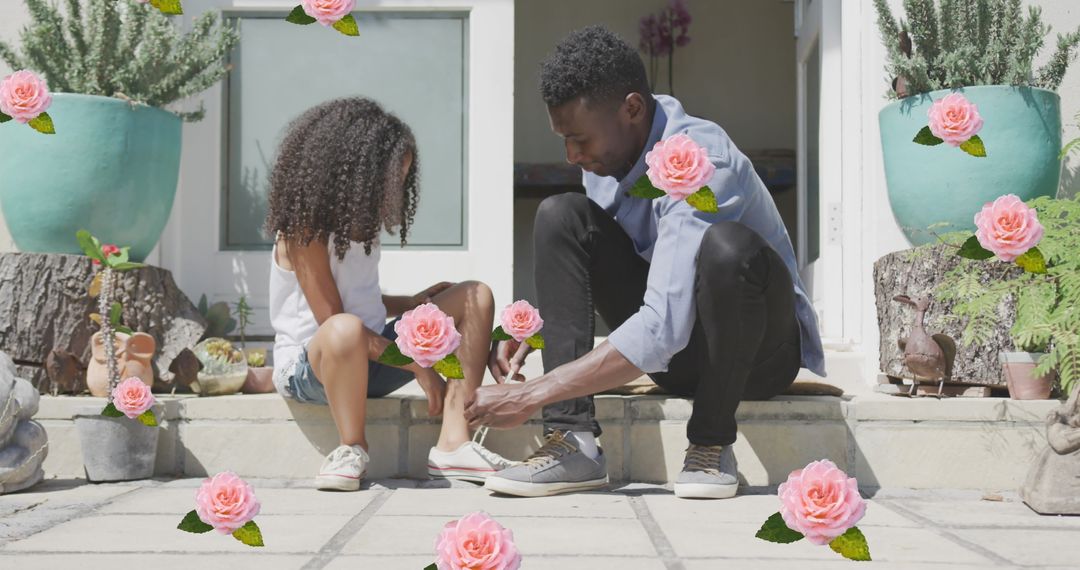 Father Tying Daughter's Shoes Surrounded by Digital Roses