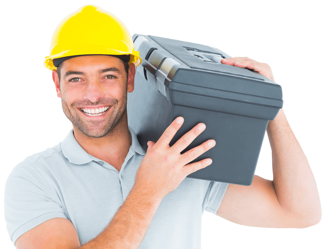 Smiling Engineer Carrying Toolbox on Shoulder Transparent Background