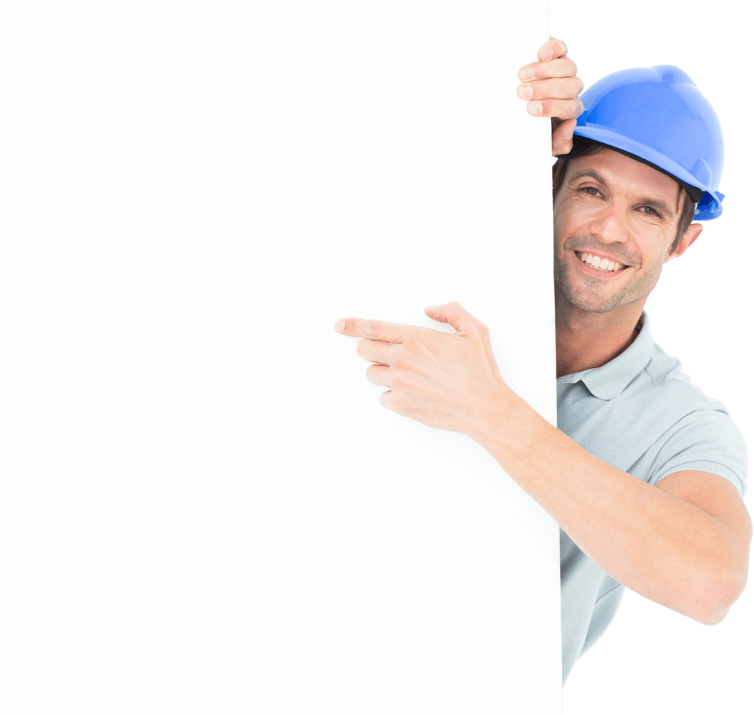 Smiling Architect in Blue Helmet Holding Transparent Board