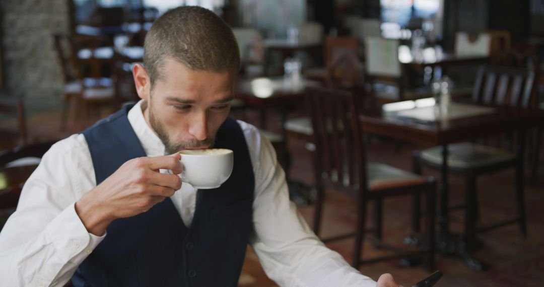 Businessman Drinking Coffee and Using Smartphone in Cafe
