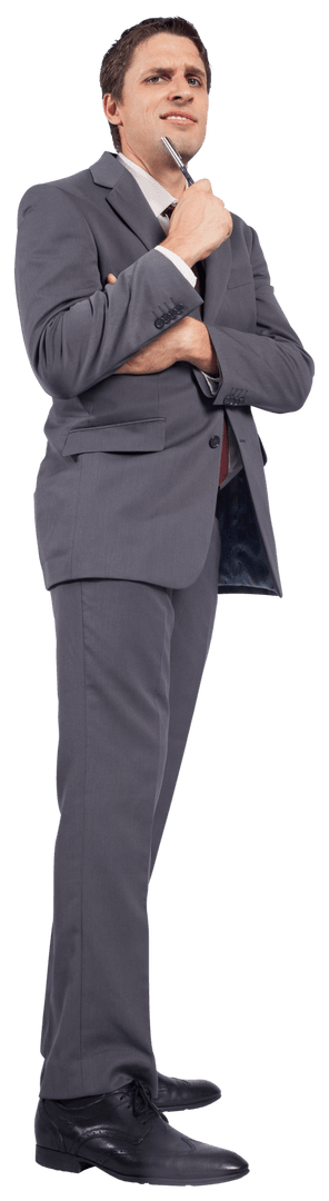 Transparent Businessman Reflecting While Holding Pen to Chin