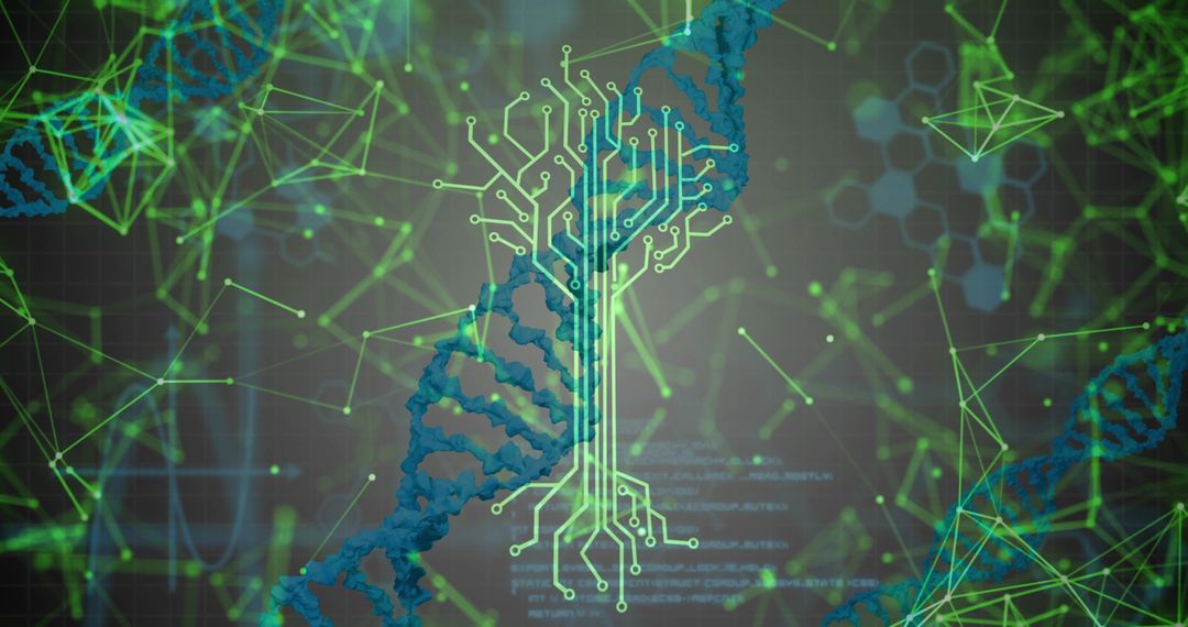 DNA Helix Entwining Neon Green Circuit-Tree Connecting Genetics and Artificial Intelligence