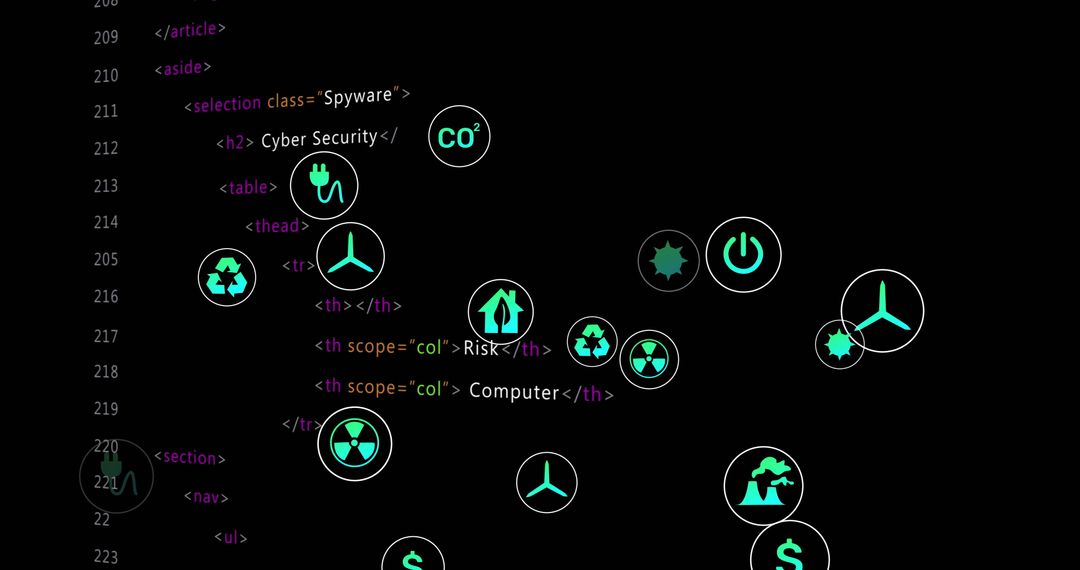 Digital Media Icons Overlay on Cybersecurity Data Stream
