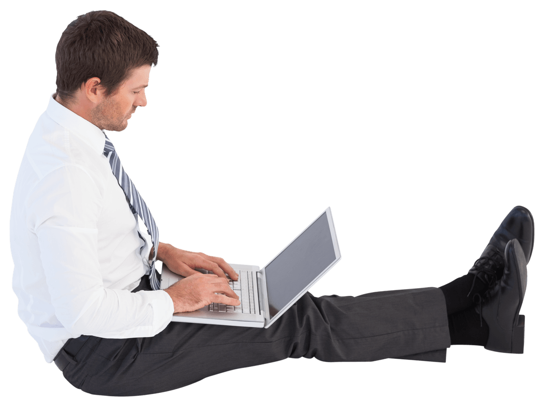 Transparent Businessman Sitting on Floor Typing on Laptop