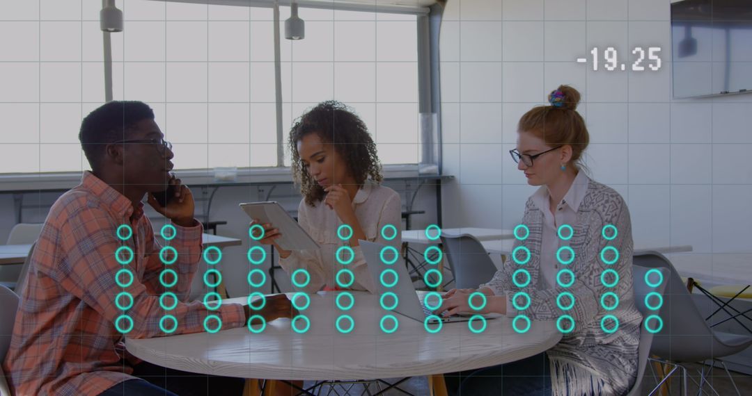 Diverse Team Analyzing Data with Digital Graph Overlay in Modern Office