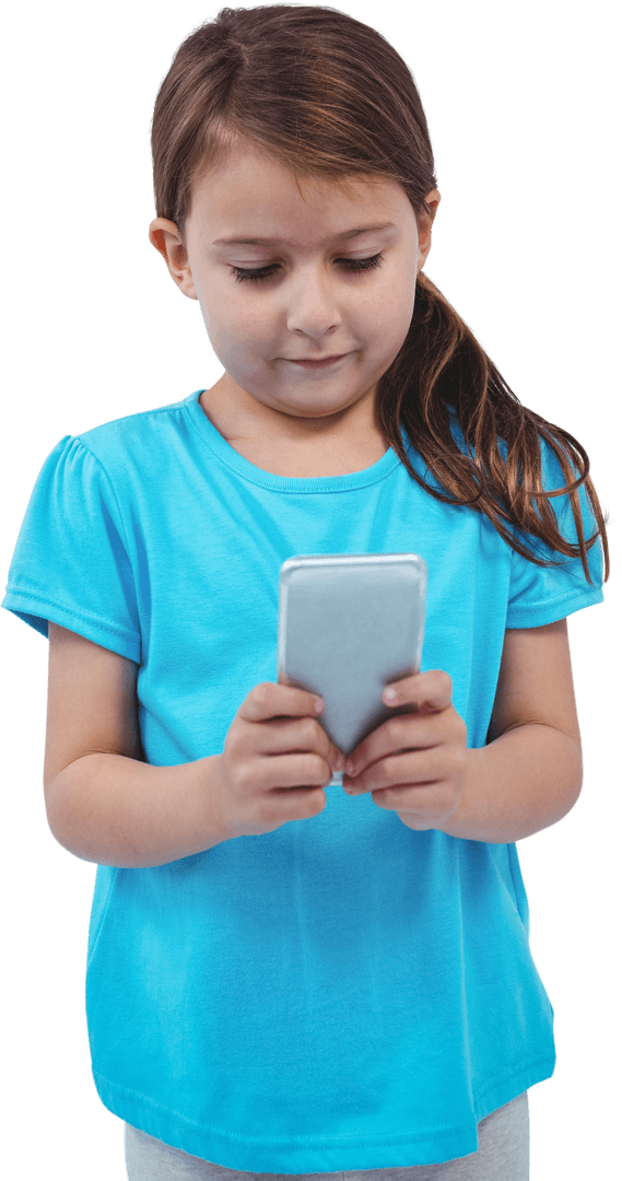 Young Girl Engaging with Smartphone on Transparent Background