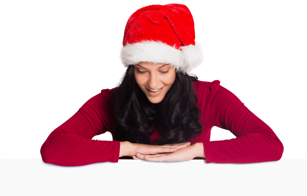 Woman in Santa Hat and Red Sweater Smiling Transparent Isolated