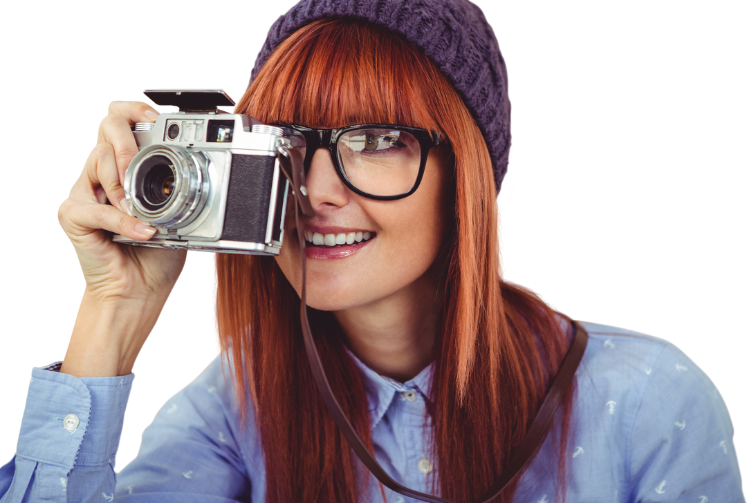 Smiling Woman with Red Hair Using Retro Camera, Transparent Background - Download Free Stock Images Pikwizard.com