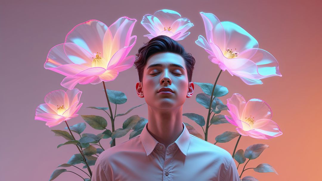 Contemplative Male with Glowing Pastel Flowers in Studio Setting