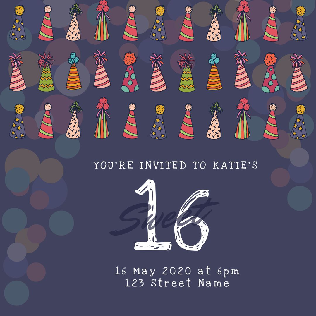 Colorful Sweet Sixteen Party Invitation Template with Party Hats - Download Free Stock Templates Pikwizard.com