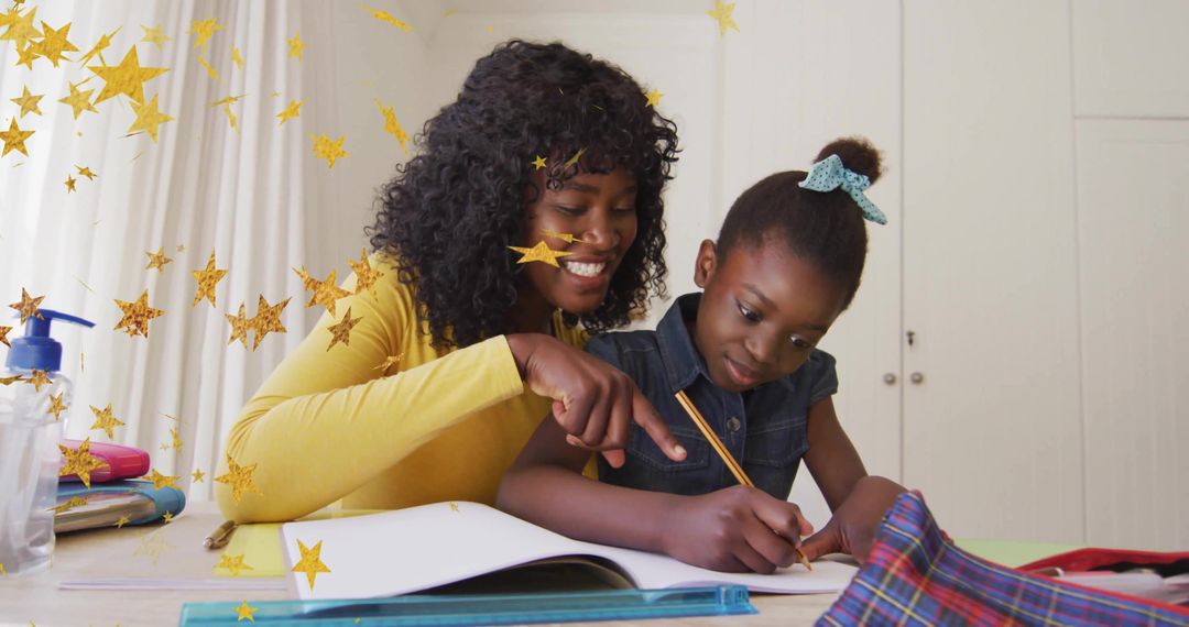 Mother Enthusiastically Guiding Daughter with Homework at Home