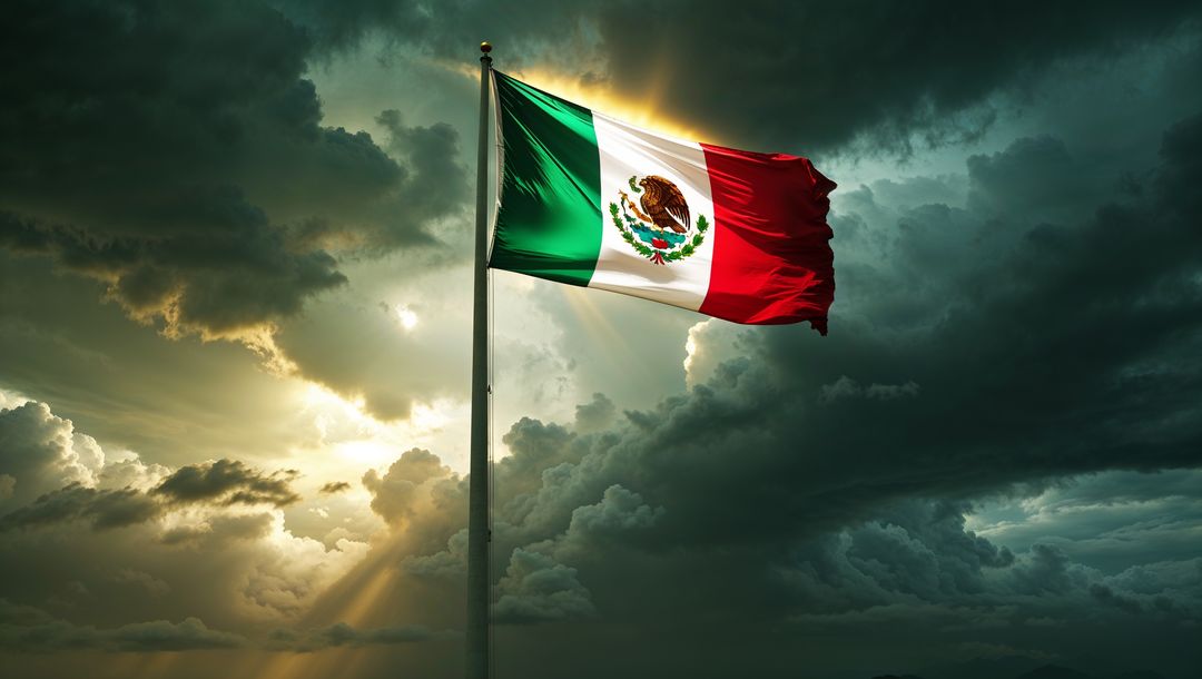 Mexican Flag Waving Dramatically Under Stormy Sky