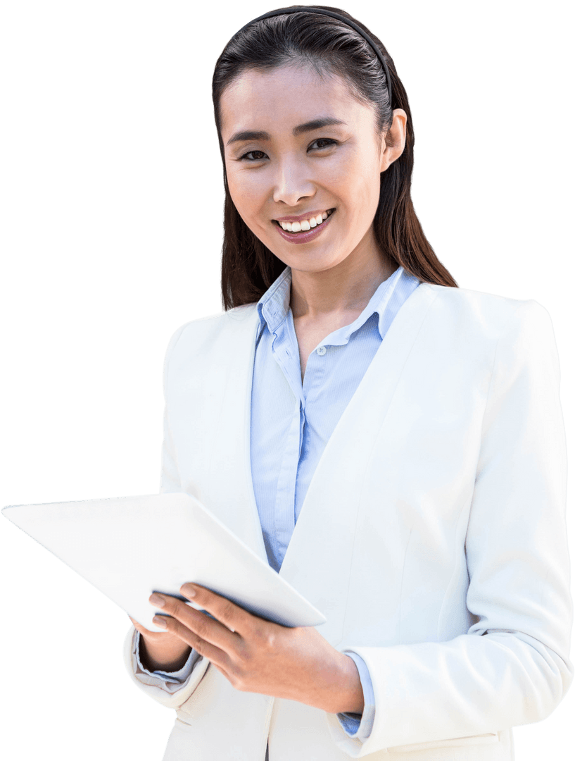 Transparent Professional Woman Smiling with Tablet Device