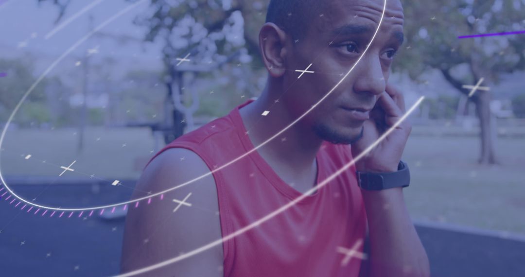 Athlete Analyzing Data with Futuristic Overlay Outdoors