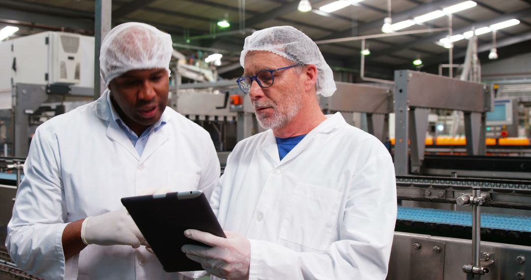 Manufacturing Workers in Protective Gear Discussing Tablet in Industrial Plant - Free Images, Stock Photos and Pictures on Pikwizard.com