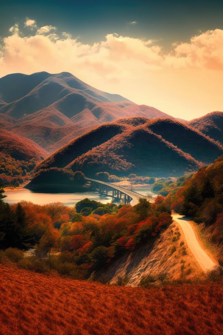 Winding Mountain Road Through Autumn Foliage with Bridge in Distance - Free Images, Stock Photos and Pictures on Pikwizard.com