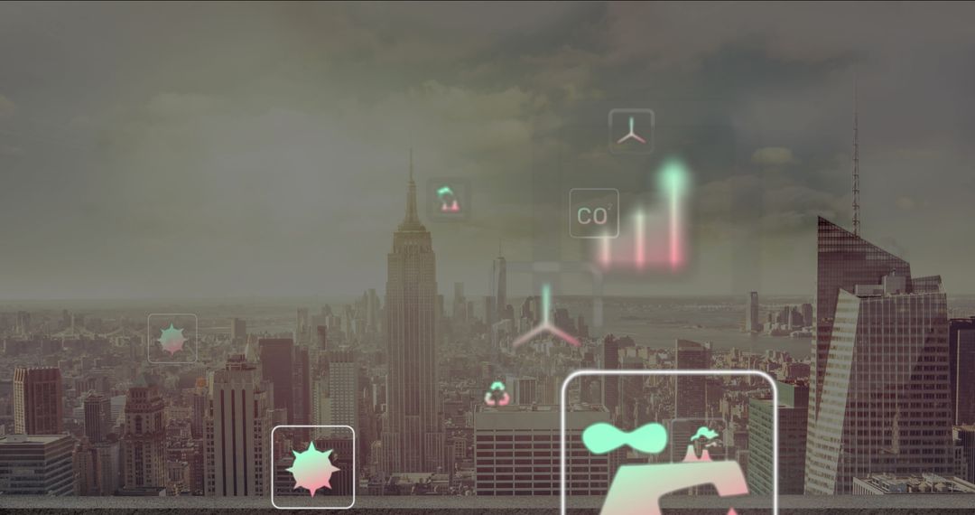 Futuristic Technology Symbols Against Urban Skyline at Dusk