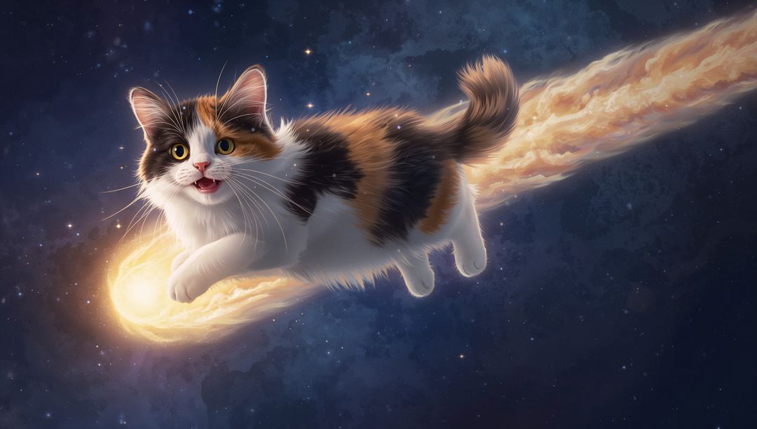 Fluffy Calico Cat Riding Glowing Comet Through Starry Cosmic Nebula