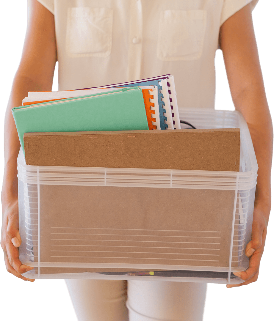 Transparent Box with Office Documents Being Held by Woman