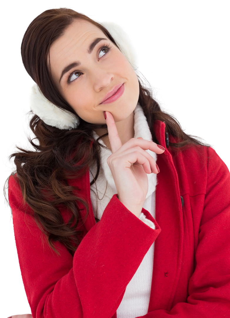 Thoughtful Woman in Winter Wear with Classy Red Coat and White Earmuffs - Download Free Stock Images Pikwizard.com