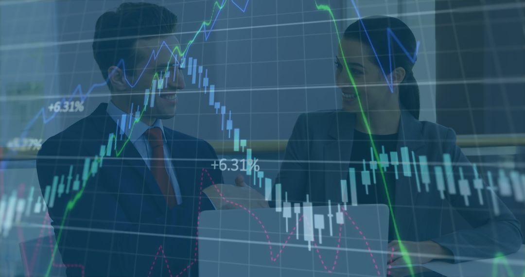 Colleagues Analyzing Stock Market Data with Optimism