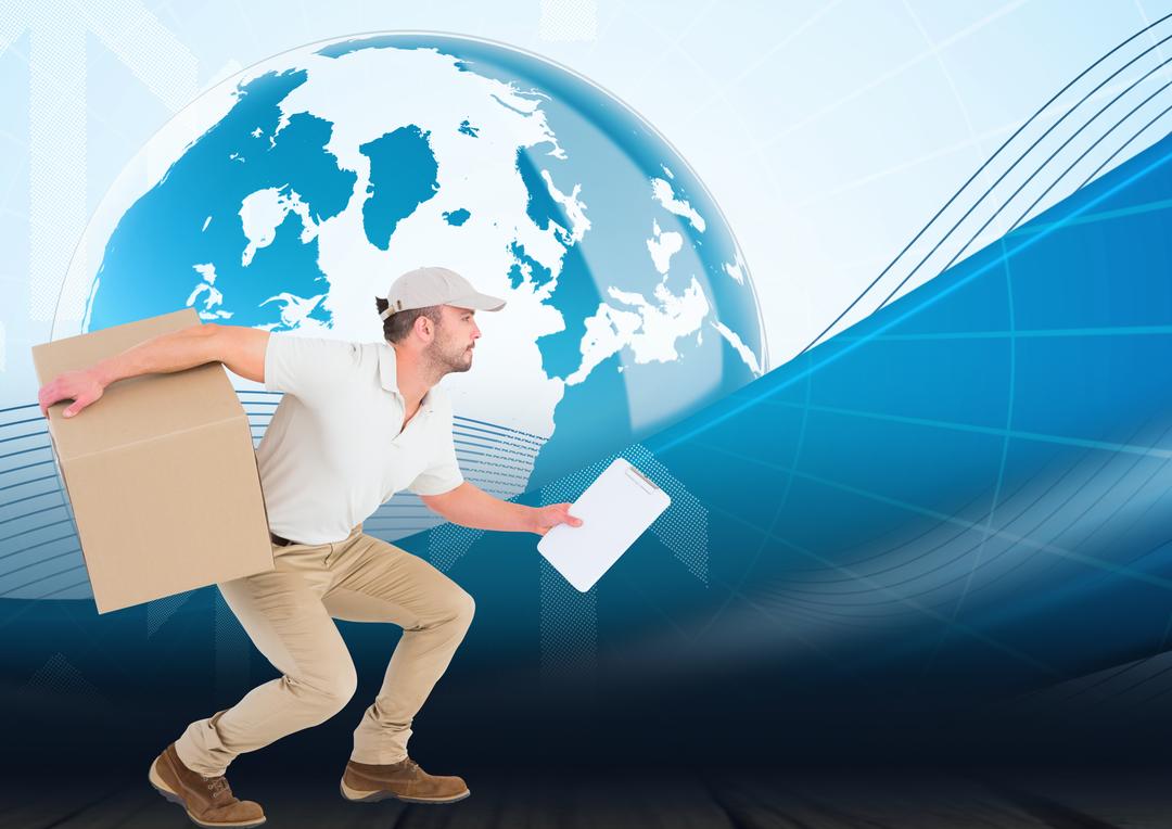 Dynamic Delivery Man with Cardboard Box and Clipboard against Globe Graphic Background - Free Images, Stock Photos and Pictures on Pikwizard.com