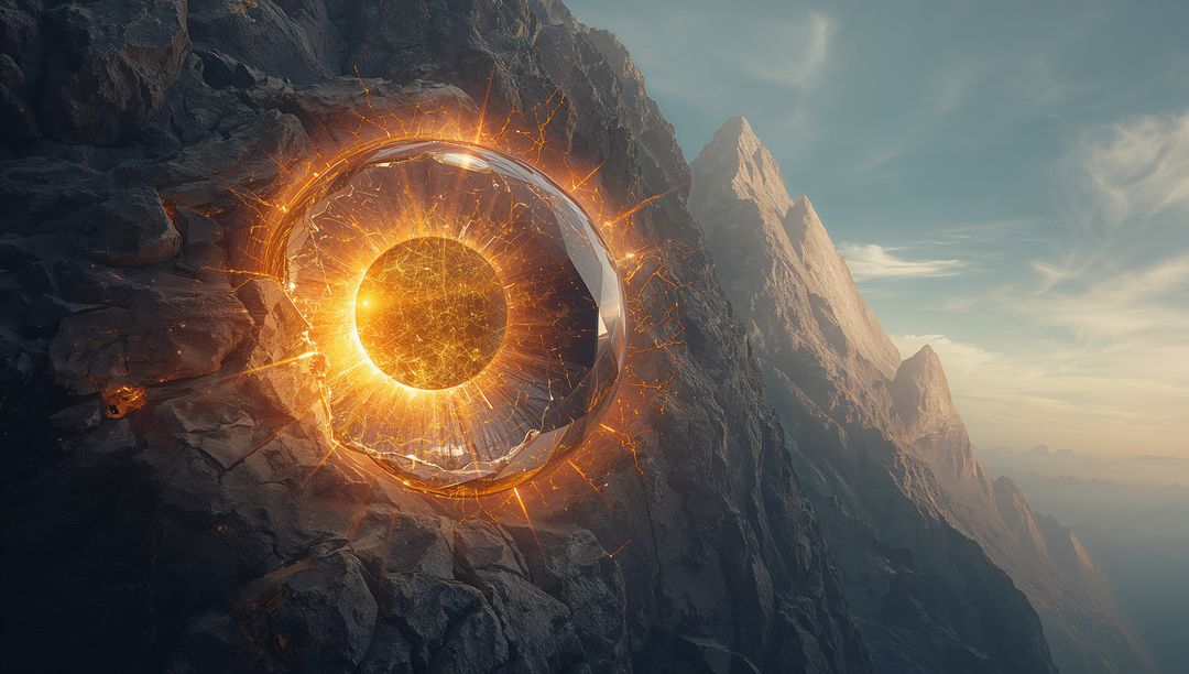 Golden Portal Burst from Mountain Cliff Fantasy Sci-Fi Scene