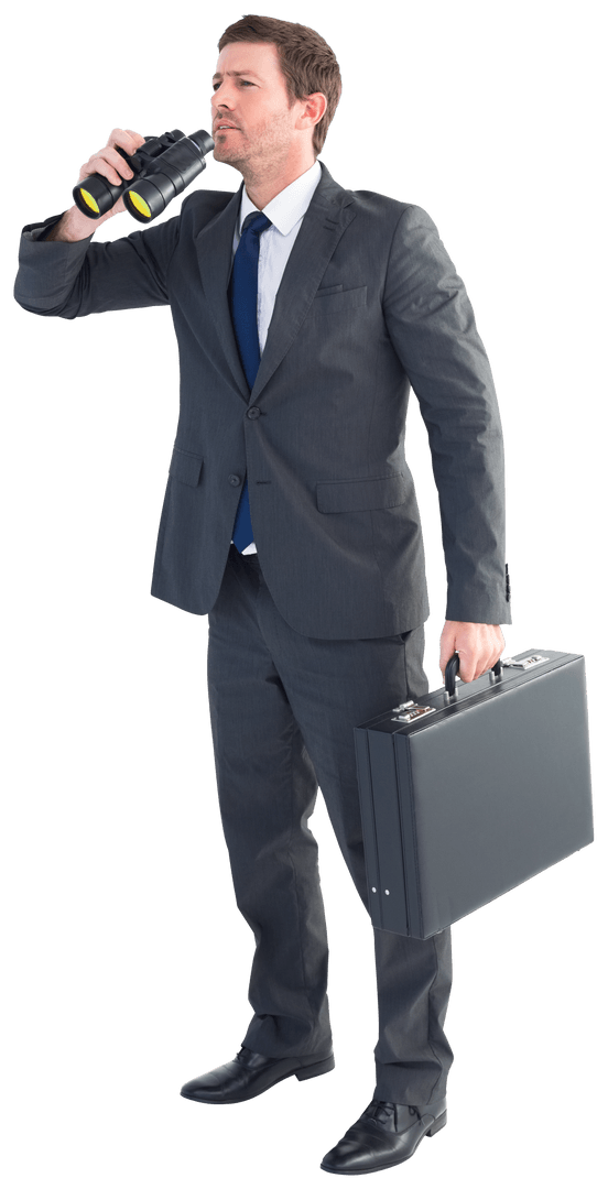 Transparent Businessman Observing with Binoculars and Briefcase