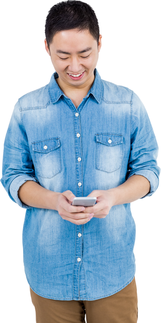 Smiling Asian Man Using Smartphone on Transparent Background - Download Free Stock Images Pikwizard.com