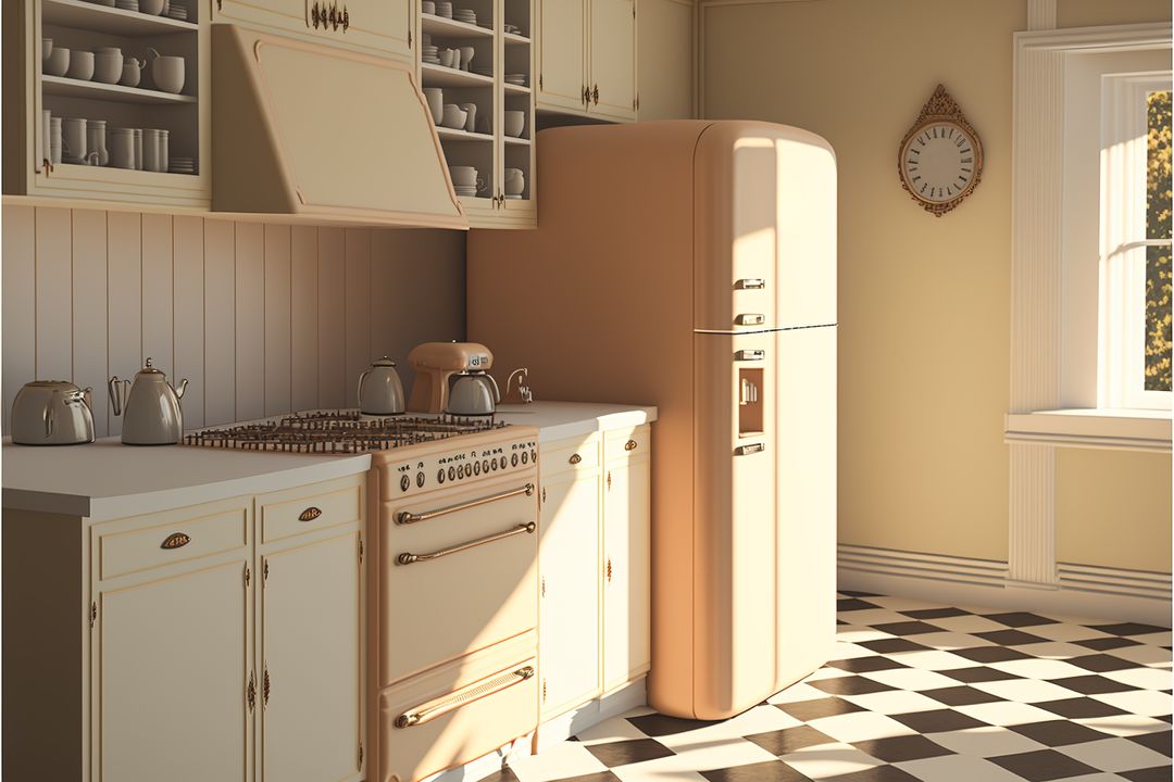 Image of retro kitchen interiors with fridge and appliances, created using generative ai technology - Free Images, Stock Photos and Pictures on Pikwizard.com