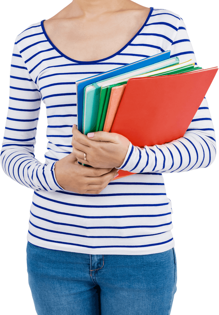 Woman Holding Colorful Files Mid Section Transparent Background