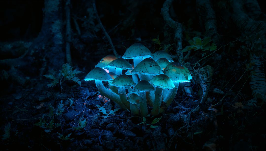 Bioluminescent Mushrooms Glowing on Shadowy Forest Ground