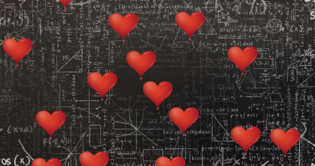 Red Hearts Falling on Mathematical Equations Chalkboard