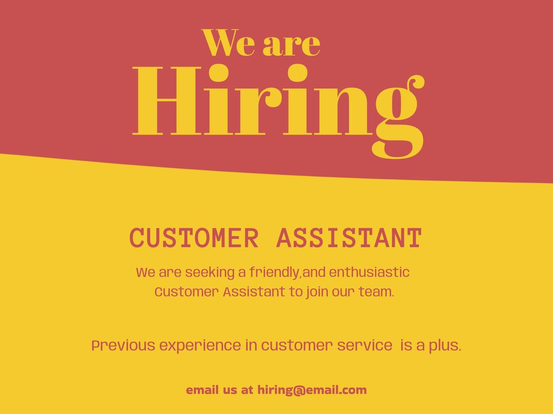 We Are Hiring Customer Assistant Yellow and Red Announcement - Download Free Stock Templates Pikwizard.com