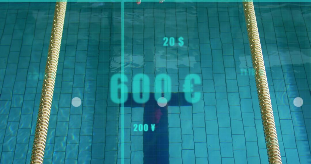 Overhead Swimmer Floating in Lap Pool with Currency Graphics, Blue Tiles and Gold Lanes