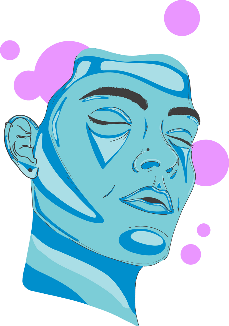 Futuristic Blue Digital Head with Magenta Circles on Transparent Background