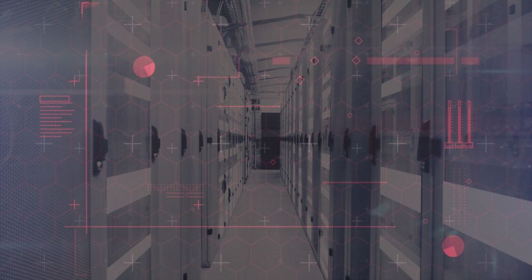 Futuristic Server Room Hallway with Technological Overlay Elements